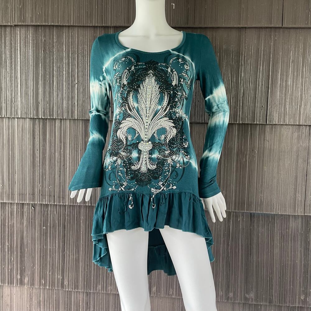 🔥Y2K Vocal USA Rhinestone Tie Dye Green Hi Low Ruffled Tunic Top Long Sleeve